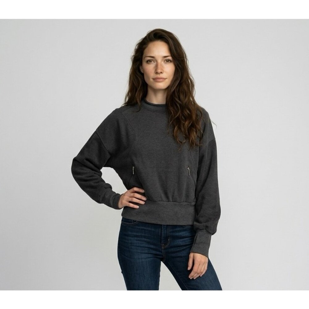 NEW Tahari Sport Charcoal Gray Fleece Pullover Sweatshirt With Zip Pockets Sz S